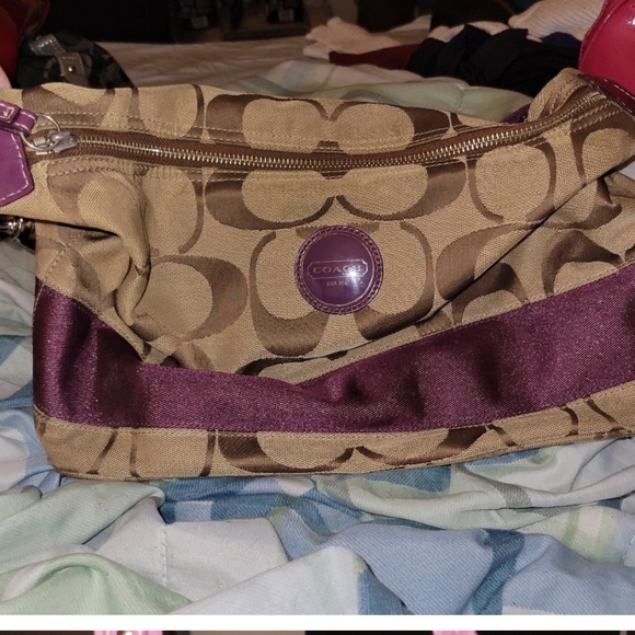 Coach Handbags - Coach Tan & Purple Signature Logo Print Shoulder Bag